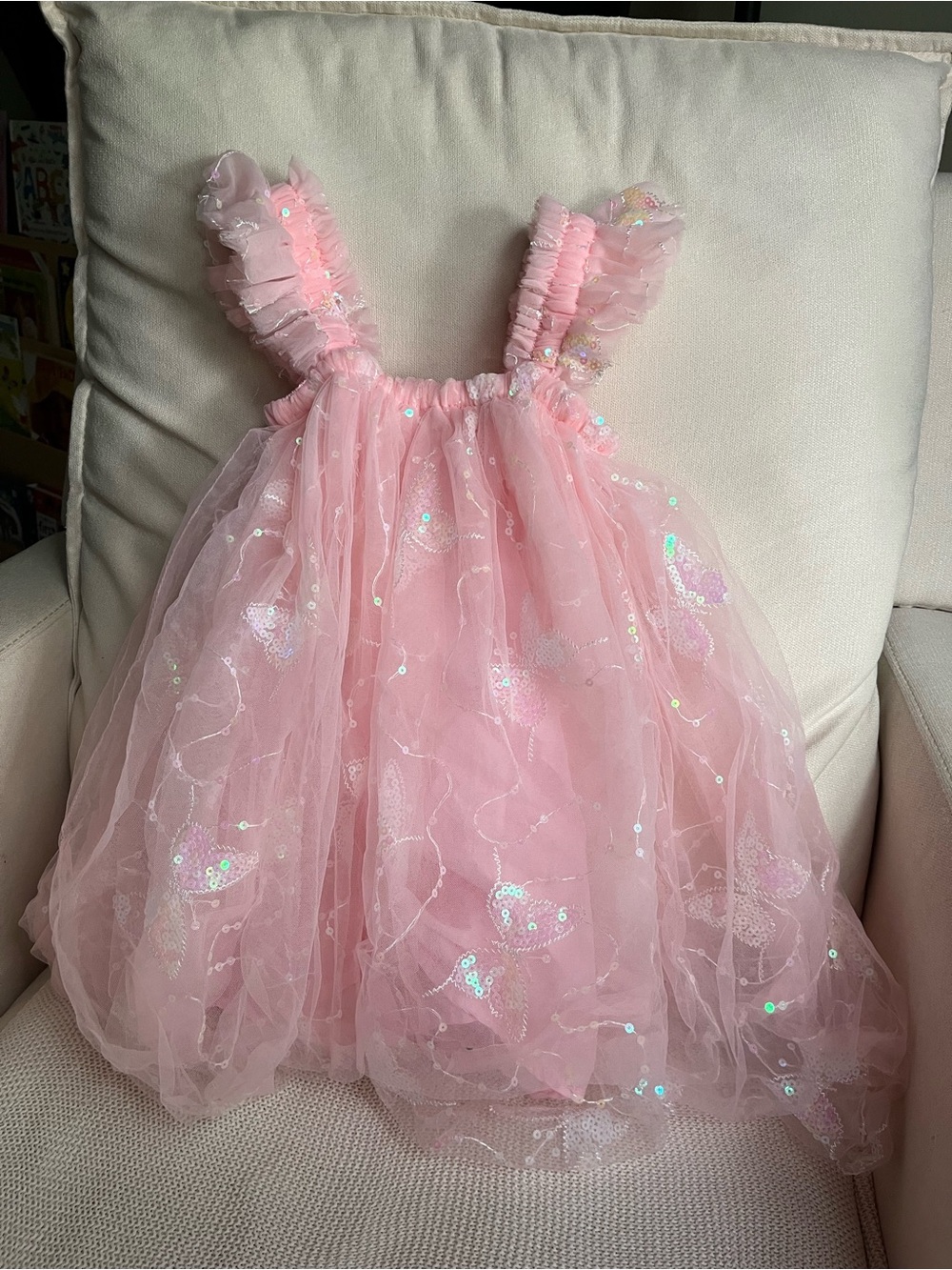 lola Baby Pink Sequin Tulle Ruffle Strap Dress